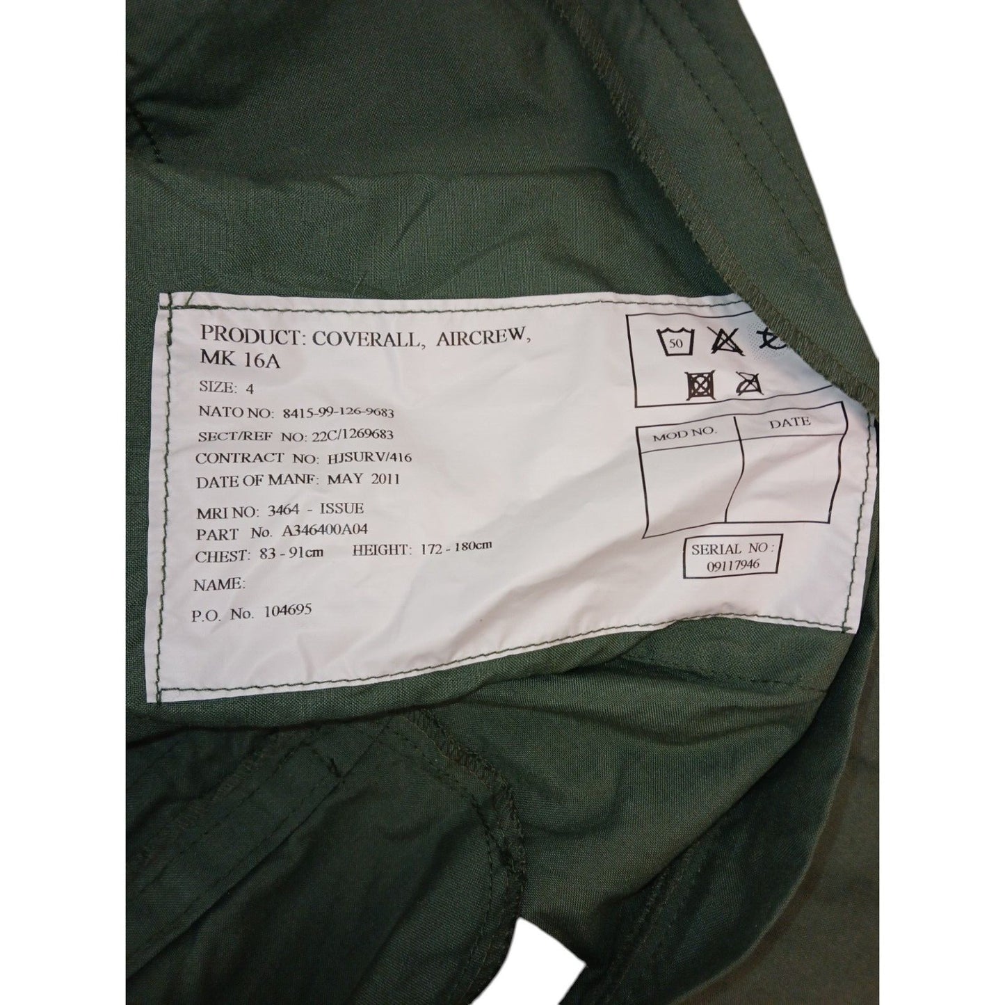 Air Crew Coverall MK16A Sage Green Jump Flight Suit Aircrew Size 4 Boiler Suit