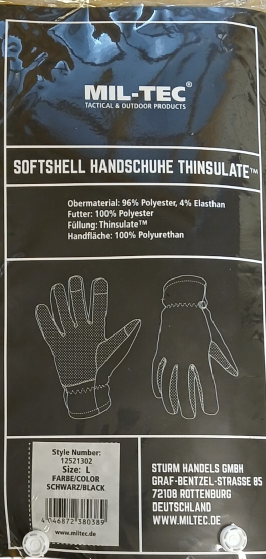 Mil-Tec Softshell Gloves Thinsulate Black Touch Screen Tactical Police Security