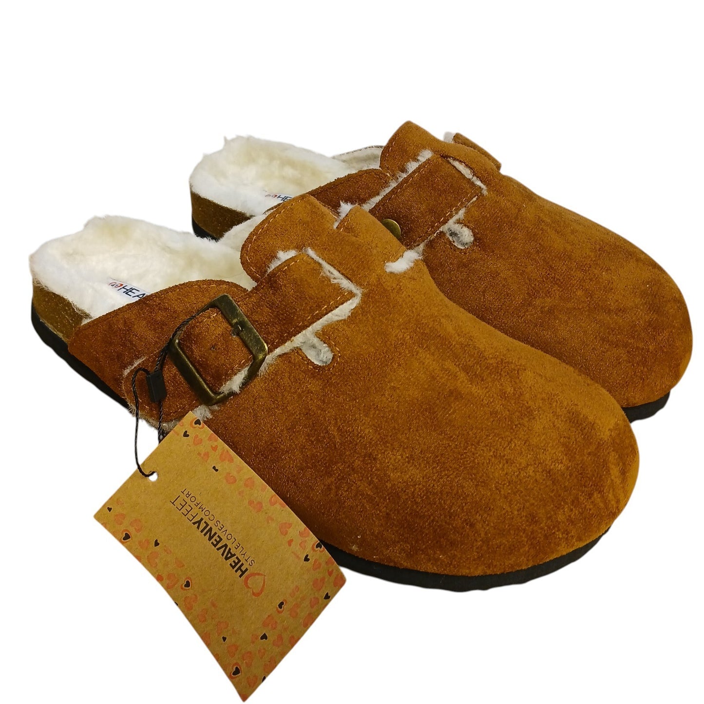 Slider Clogs Brown Fur Faux Lined Slip On Size 7 Heavenly Feet Vegan Friendly