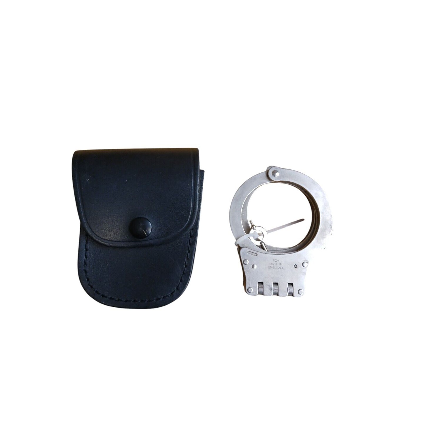 TCH830 Folding Handcuffs & Leather Carry Pouch Genuine Cuffs Ex Police Security