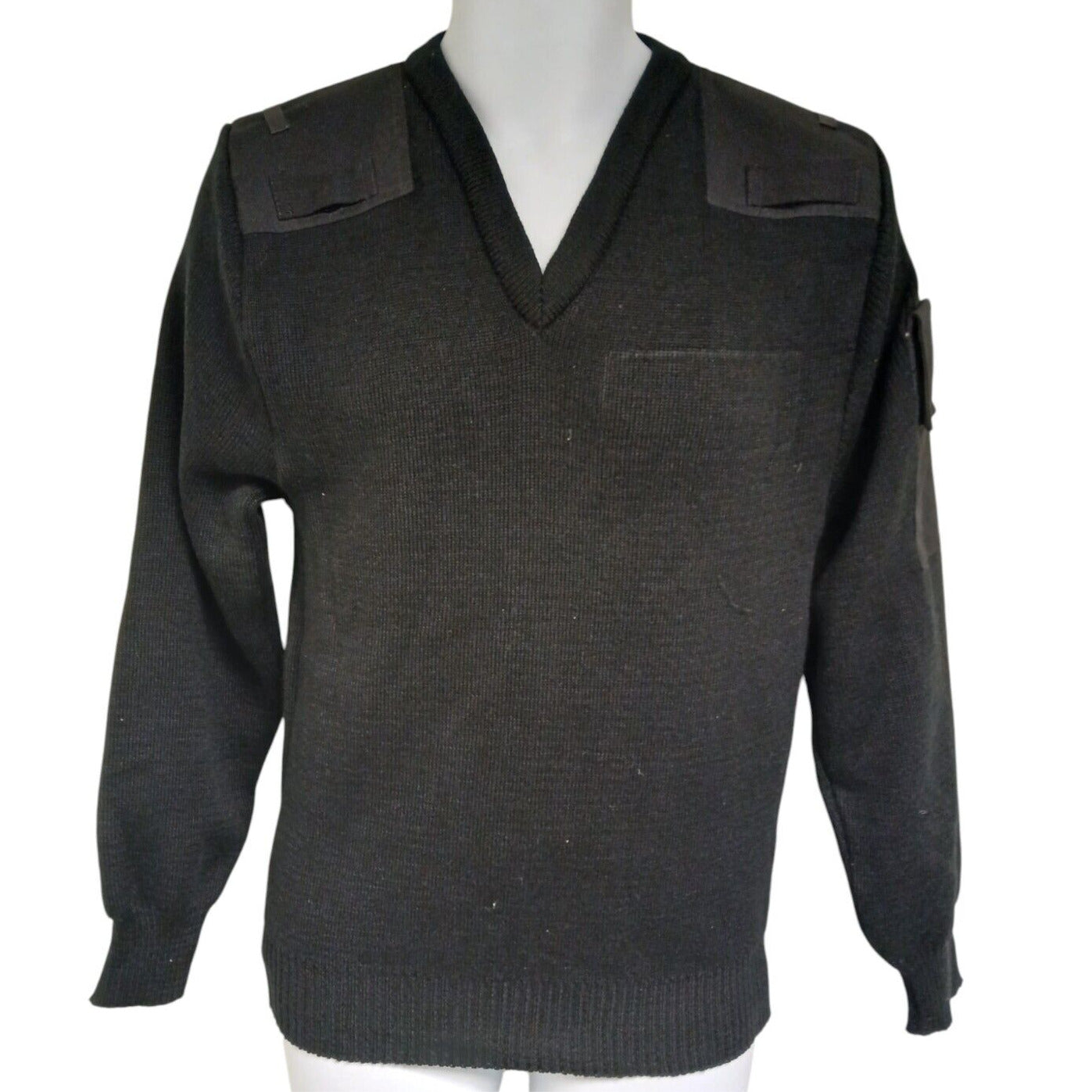 Woolly Pully Jumper Black V Neck 50% Wool Security Warm Hiking Farmer Ex Police