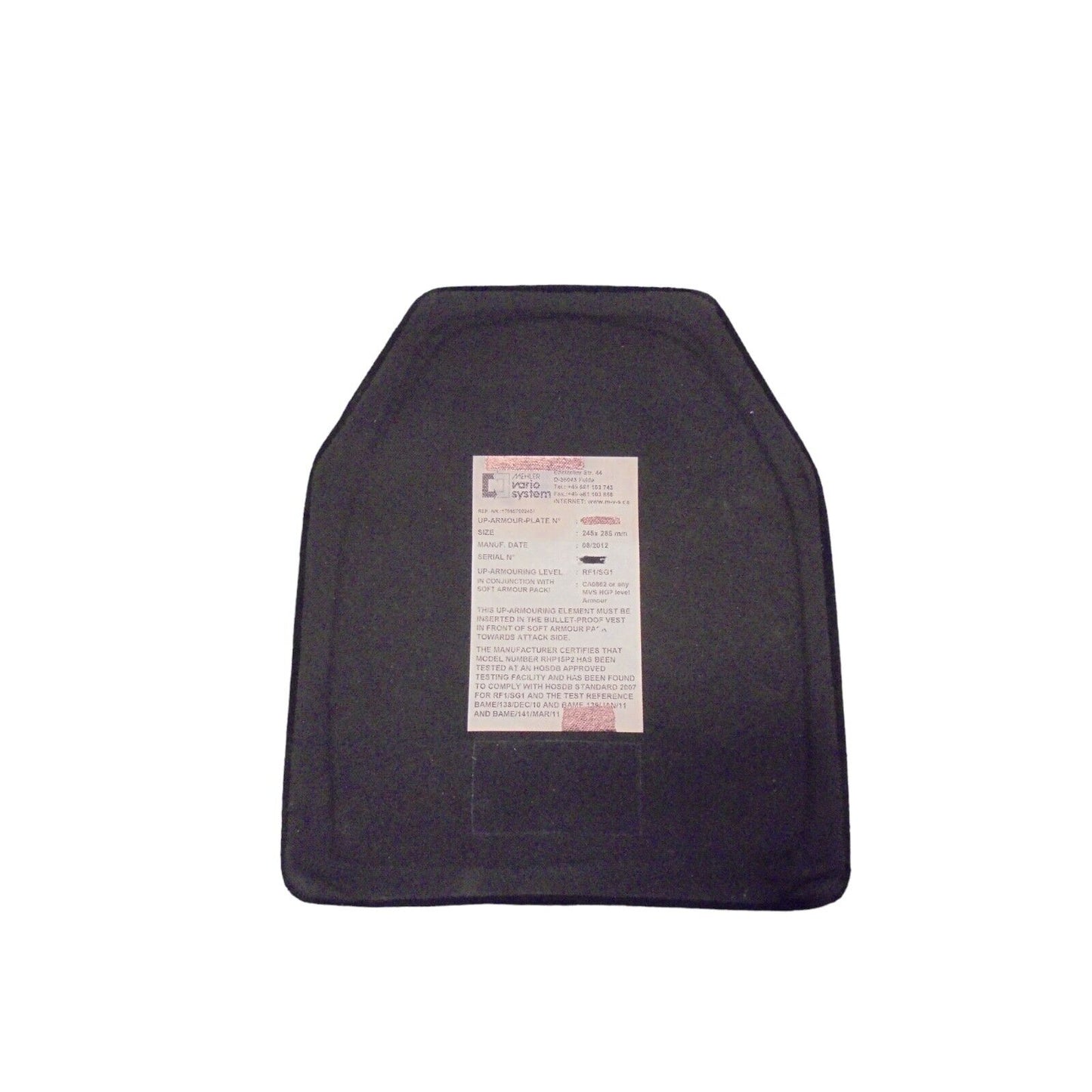 Mehler Ballistic Plate Body Armour Insert Ex Police RF1/SG1 Security Single Hit