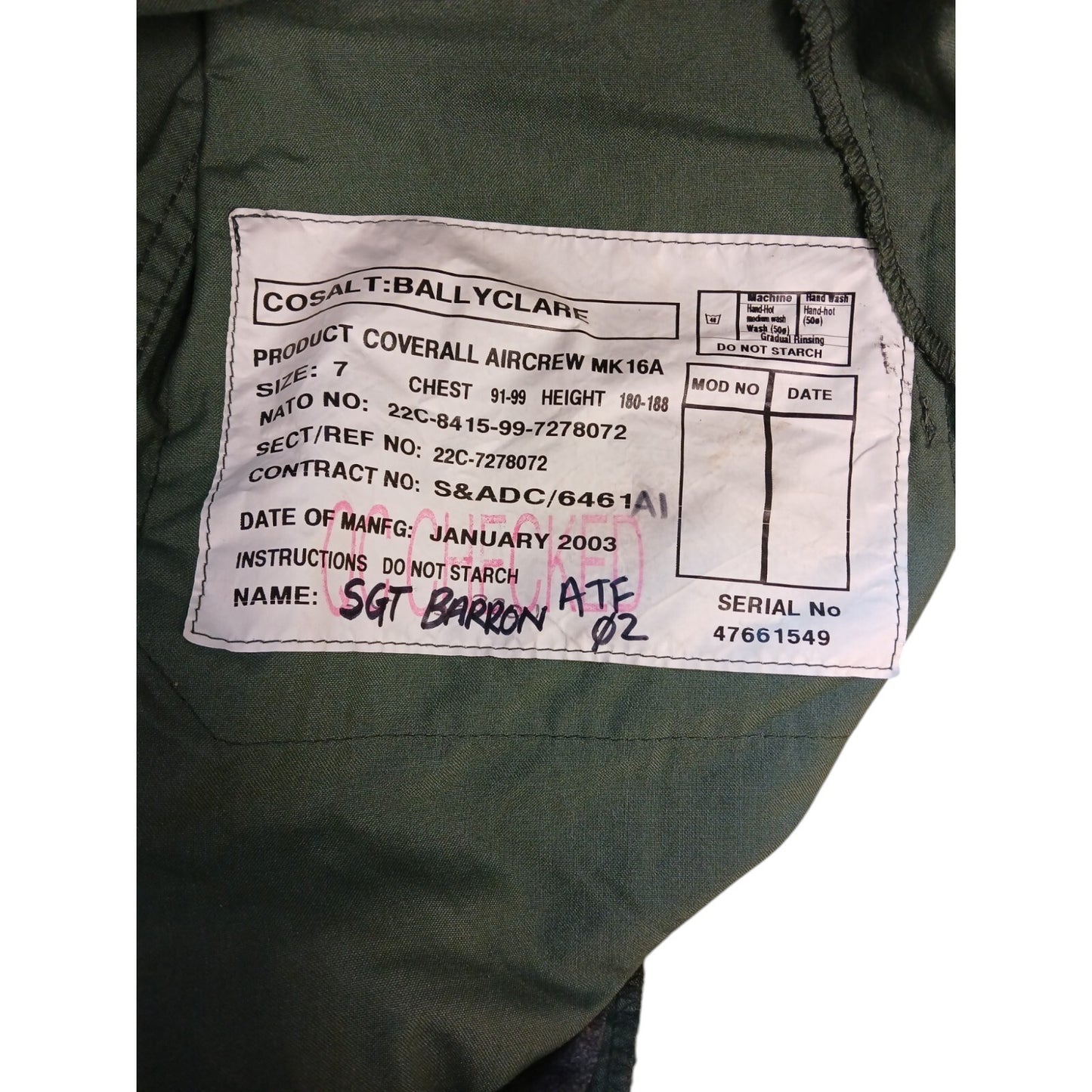 Cosalt Aircrew Coverall Green MK 16A Overall Suit Boiler Flight Suit Size 7
