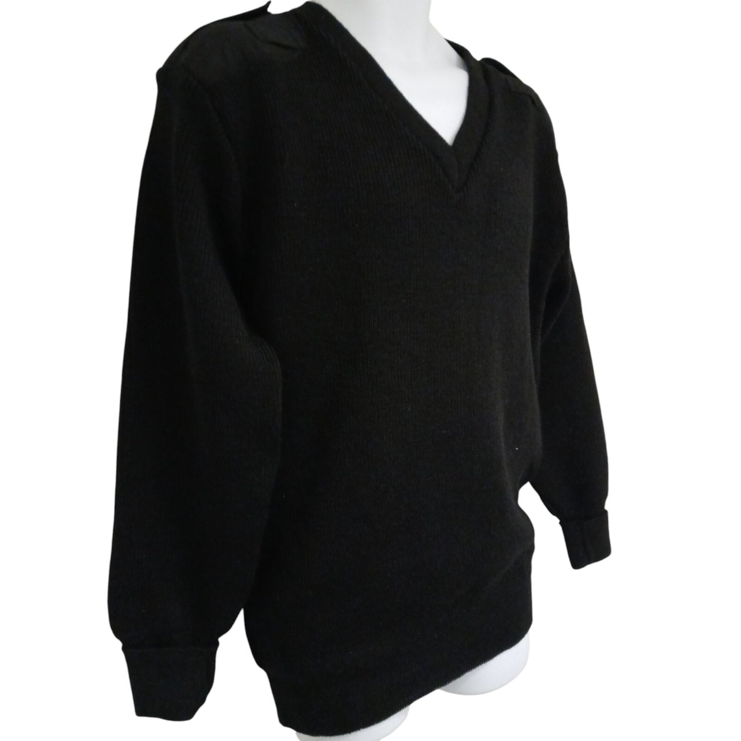 Woolly Pully Jumper Ribbed Black V Neck 100% Wool Ex Police Security Hiking Warm
