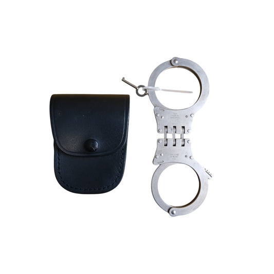 TCH830 Folding Handcuffs & Leather Carry Pouch Genuine Cuffs Ex Police Security