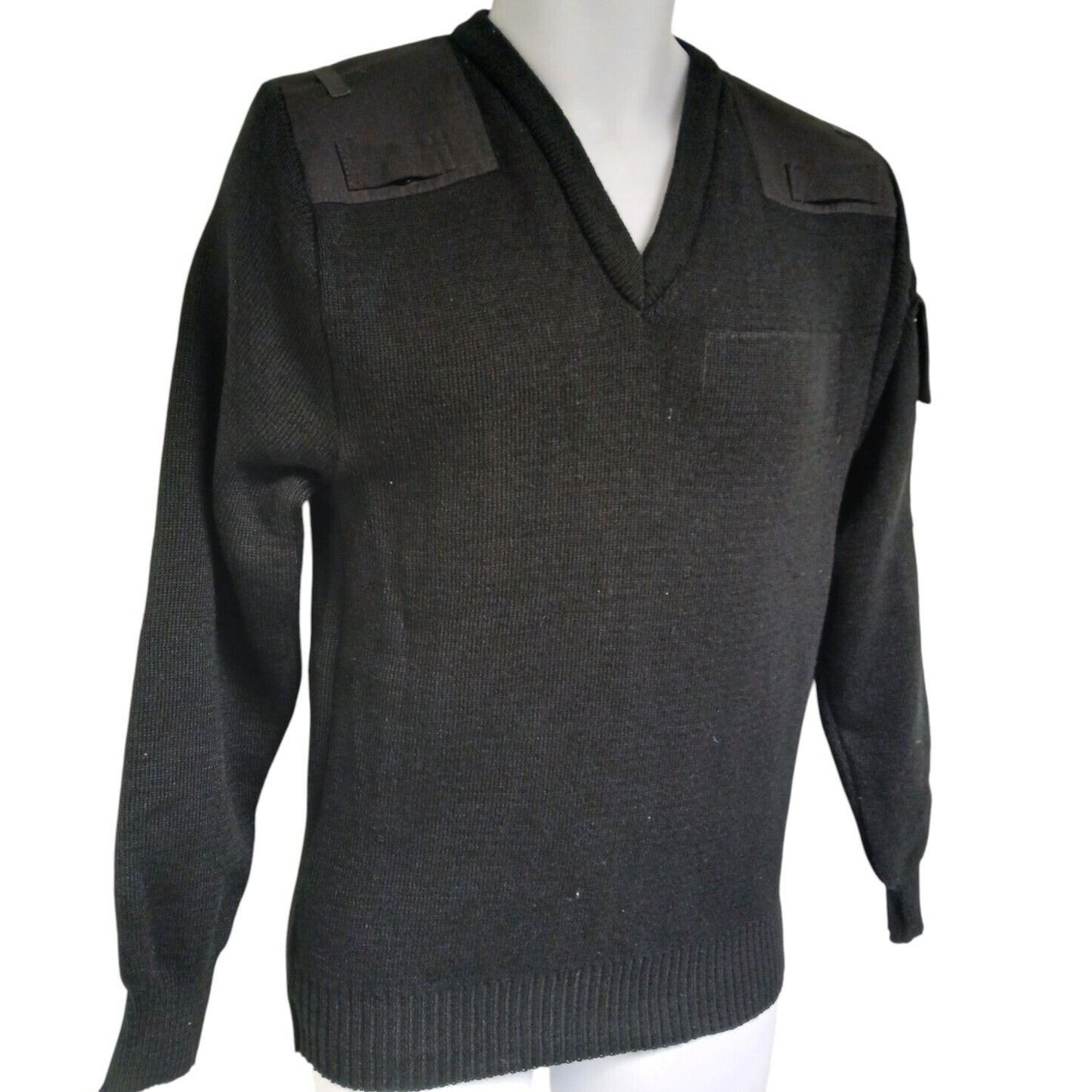 Woolly Pully Jumper Black V Neck 50% Wool Security Warm Hiking Farmer Ex Police