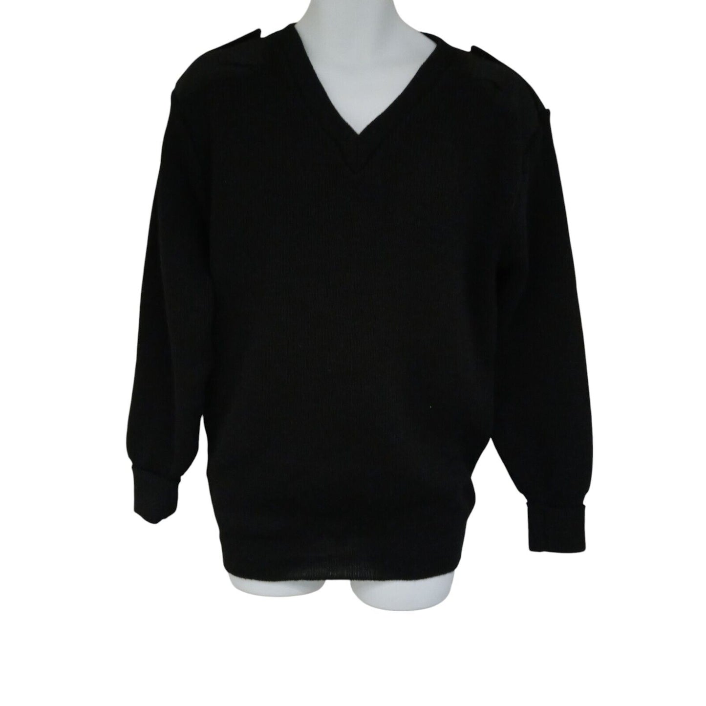 Woolly Pully Jumper Ribbed Black V Neck 100% Wool Ex Police Security Hiking Warm