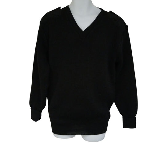 Woolly Pully Jumper Ribbed Black V Neck 100% Wool Ex Police Security Hiking Warm