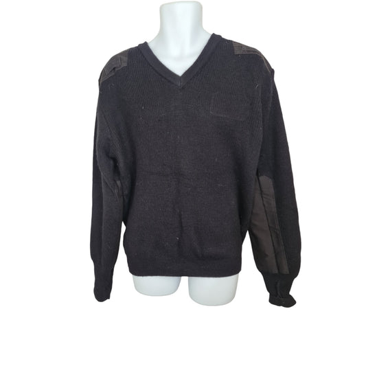 Woolly Pully Jumper Ribbed Black V Neck 80% Wool Ex Police Security Hiking Warm