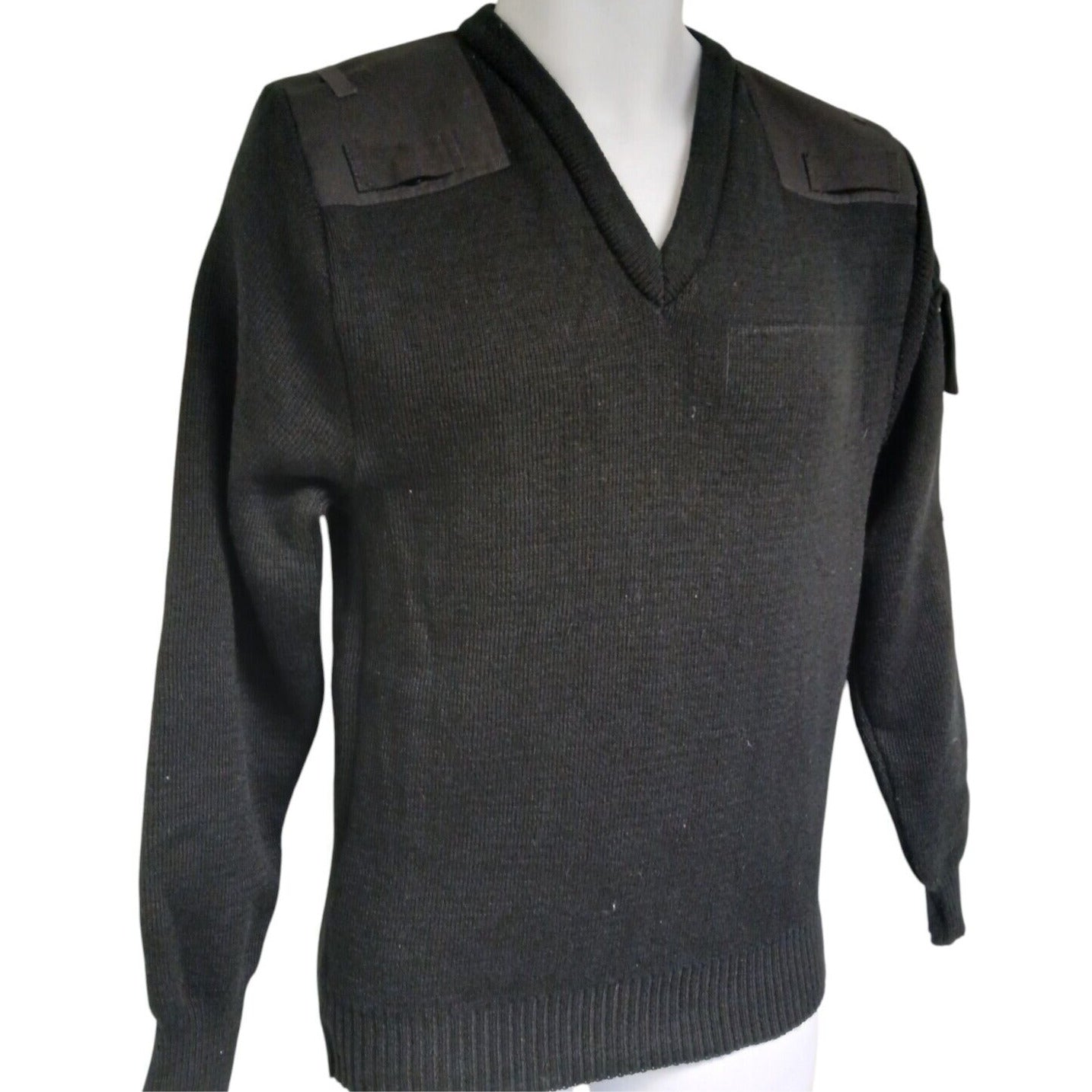 Woolly Pully Jumper Black V Neck 50% Wool Security Warm Hiking Farmer Ex Police
