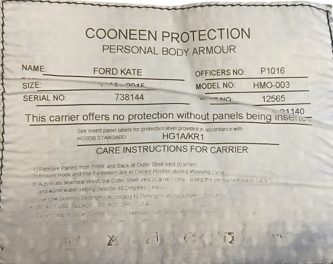 Cooneen Stab Vest Body Armour Cover Ballistic Police Security Black Female
