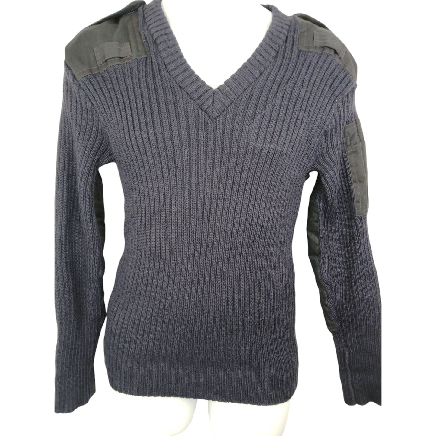 Woolly Pully Jumper Ribbed Navy Blue VNeck 100% Wool Security Farmer Warm Hiking