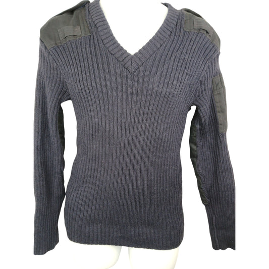 Woolly Pully Jumper Ribbed Navy Blue VNeck 100% Wool Security Farmer Warm Hiking